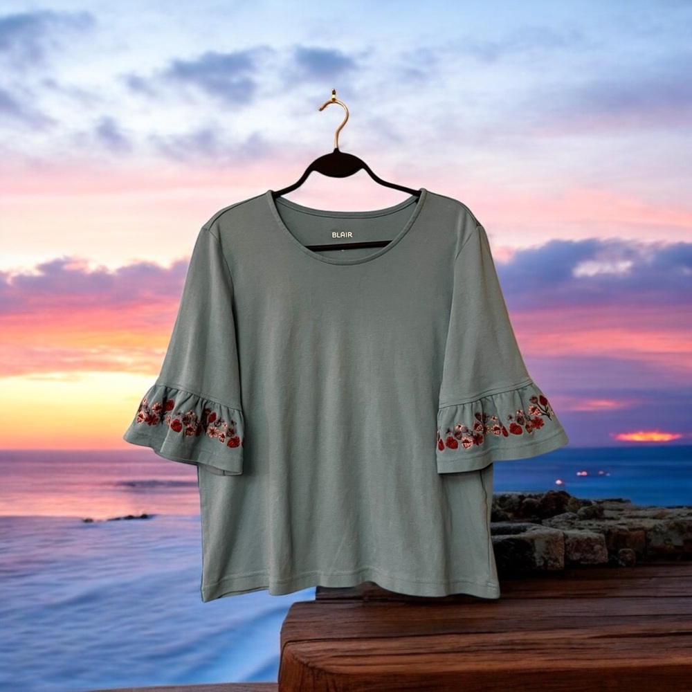 Blair Robin’s Egg Blue Top with Floral Embroidered Sleeves